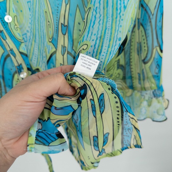 Y2K Sheer Paisley Top Womens L Turquoise Green‎ Boho Flowy Top Retro Peasant - Picture 7 of 11